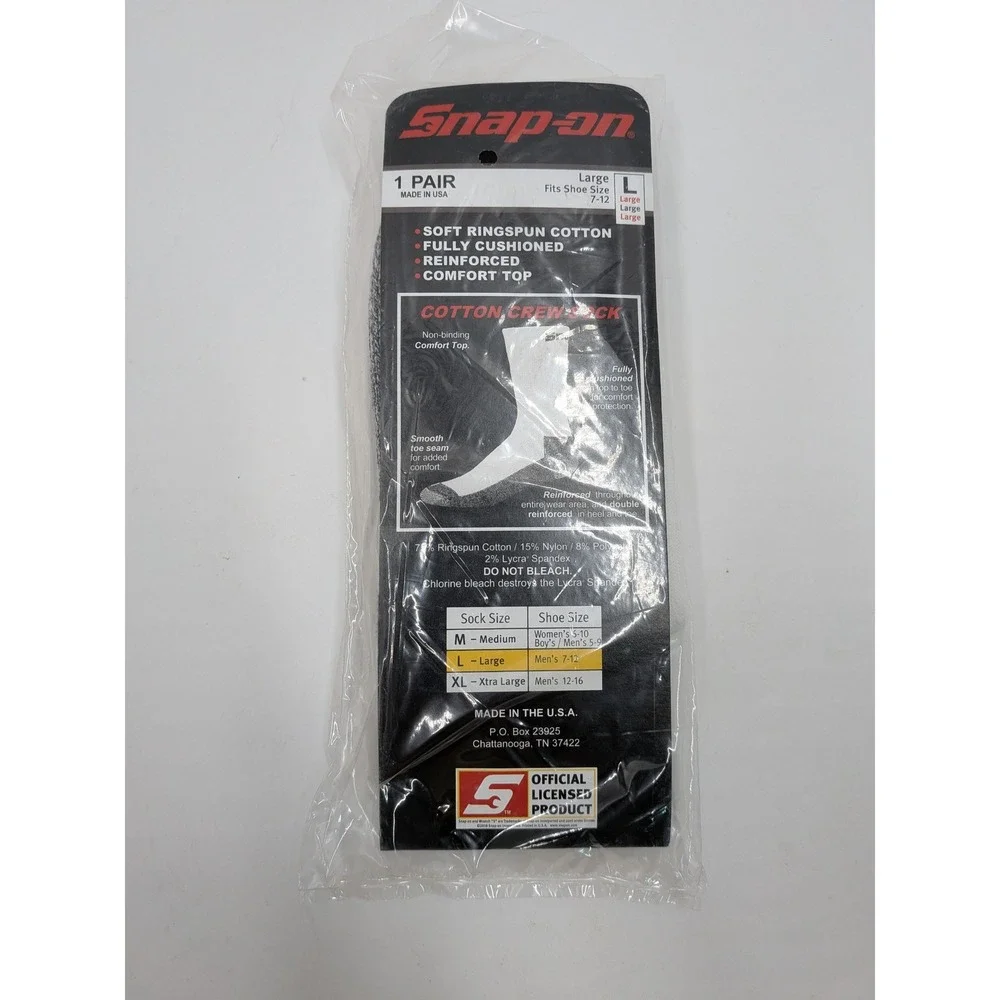Snap-on 3 Pack Men White Cotton Crew Socks Large Shoe Size 7-12 Made in USA